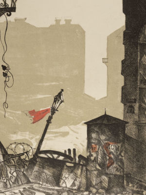 Соколов Л. Баррикада. 1970-е гг. Литография. Размер изображения 36х27,5 см. Размер листа 60х42 