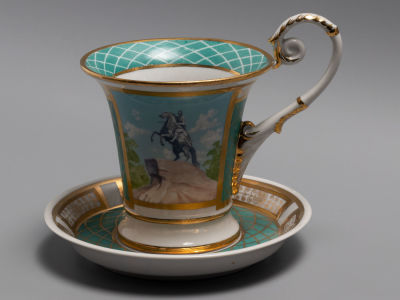 Вольман И. "Памятники Ленинграда" Чайный бокал с блюдцем в авторской росписи. Фарфор 1990-е гг. Р 