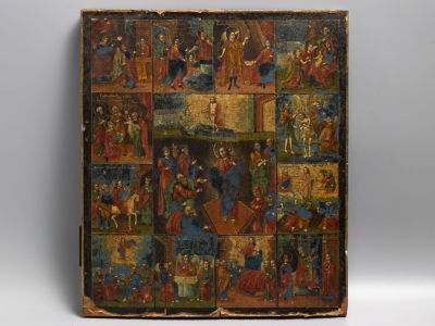 Икона. Двунадесятые праздники. Темпера, левкас. Дублирование на бумаге. Вторая пол. XIX в. Разме 