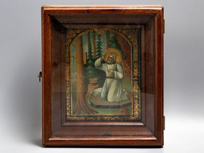 Икона в киоте. Серафим Саровский. Темпера, левкас. сусальное золото. Нач. ХХ в. Размер: икона 