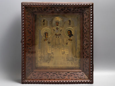 Икона в киоте (ветхая дверка). Печорская Пр. БМ. Оклад латунь, темпера. Нач. ХХ в. Размер: 
