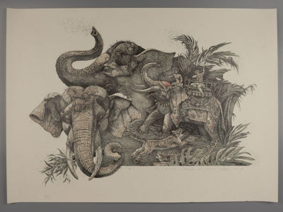 Козуб И. Охота на тигра. 2021. 23\24. Литография, ручная доработка цветом (цв. жировые карандаши). 