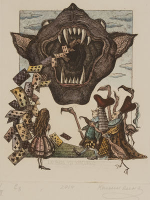 Колышкина М. Алиса. Голова кота. Офорт, акварель. Размер изображения 13,5х11,5 см. Размер листа 