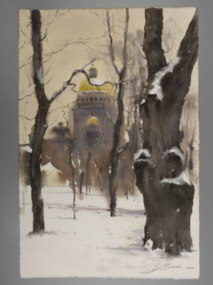 Мехова Е. Однажды зимой. 2021. Бумага, акварель. Размер 37,5х56 см. Хорошее состояние. 