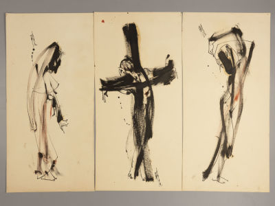 Молев А. Распятие. 1994. Триптих. Бумага, масло, тушь. Размер каждого листа 45х22 см. Есть следы 