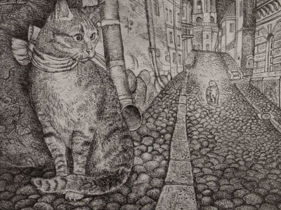 Строганов Л. Кот в Выборге. 1999\2021. Офорт. Размер изображения 11,3х12,5 см. Размер листа 18 