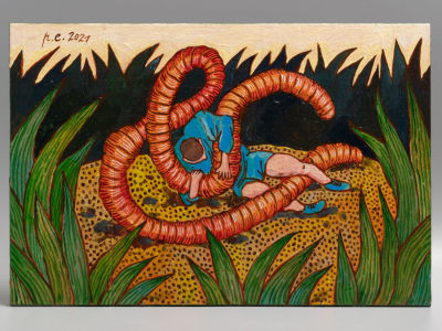 Родионов Е. Борьба. 2021. Фанера, темпера, акрил. Размер 20х30 см. Хорошее состояние. 