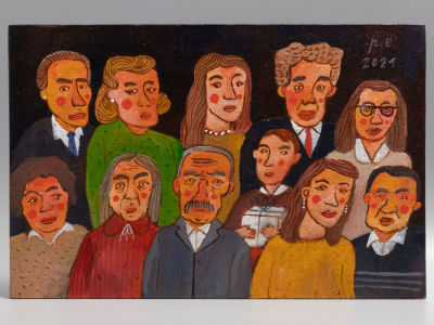 Родионов Е. Мы ходили делать фото. Мне купили бегемота. 2021. Холст на картоне, темпера, акрил. Р 