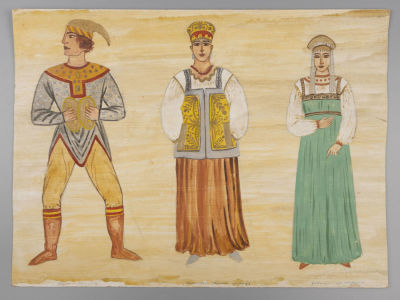 Элиава Т. Эскиз театрального костюма. Шут и две девушки. 1993. Бумага, смешанная техника. 