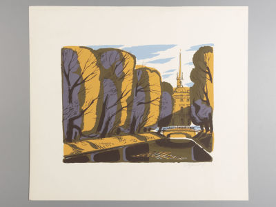 Разинков Ю. Лебяжья канавка. Вечер. 1995. Цветная шелкография. 
Размер изображения 19,5х25 см. 