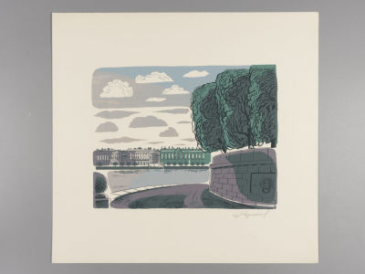 Разинков Ю. Стрелка Васильевского острова. 1995. Цветная шелкография. Размер изображения 19,5х25 см.