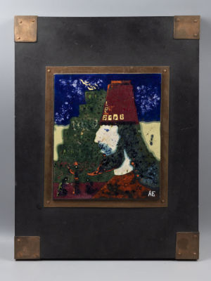 Будилов А. Боги Шумера. Ану. 2008. Горячая эмаль, медь. Размер 20,5х17,5 см. Размер планшета 