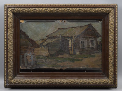 [Коллекция Н.Поповой] Попова Н.(?) Деревенский этюд. Картон, масло. Размер изображения 19х29 см. 