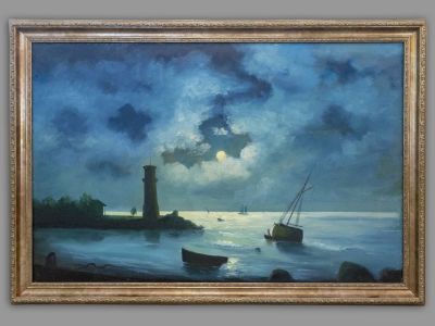 Н\х. Морской пейзаж. Маяк на острове. Холст, масло. Размер холста 55,5х84 см. Размер по раме 