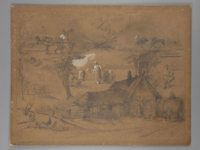 Н\х. Крестьянская доля. XIX в. Картон, смеш. техника. Размер 35,5х46 см. Есть следы времени 