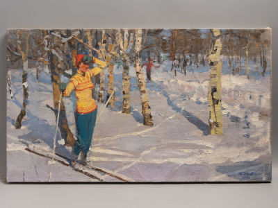 Бабков С. Мартовский снег. 1976. Холст, масло. Размер 34,5х59 см. Потери локальные красочного 