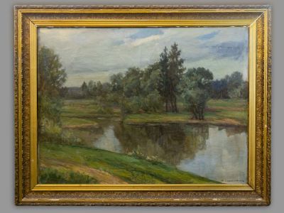 Блохин И. Летний пейзаж с речкой. 1949-1951 гг. Холст, масло. Размер холста 75х100 см. Размер по 