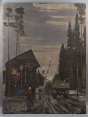 Нисский Г. У шлагбаума. 1950-е гг. Холст, масло. Размер 76х58 см. Экспертное заключение. Справа 