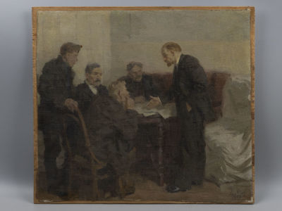Зинов В. Рабочие и В.И.Ленин. 1955. Холст на оргалите, масло. Размер 30х33 см. Справа внизу 