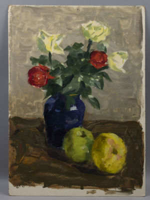 Шахназаров Б. Розы с фруктами. Картон, масло. Размер 48,5х35 см. Хорошее состояние. 