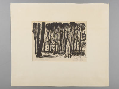 Смирнов В. В летнем саду. 1977. Ксилография. Размер изображения 11,5х16,5 см. Размер по паспарту 