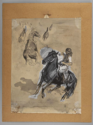 Домогацкий Д. Укрощение скакуна. 1962. Бумага, смешанная техника. Размер изображения 31,5х23 см. 