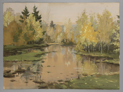 Ушин А. Осень. 1953. Бумага, смешанная техника. Размер 31х42 см. Справа внизу подпись и год. 