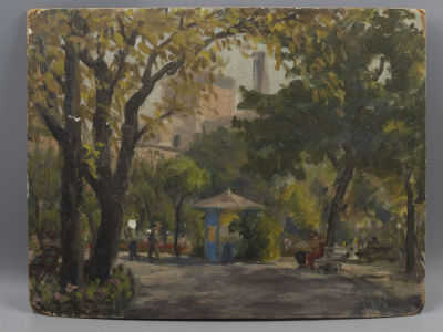 Арнаутов В. Голубой киоск. 1960-е гг. Картон, масло. Размер 23х29,5 см. Края потрёпаны, осыпания 