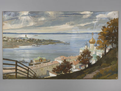 Н\х. Впадение Оки в Волгу. 1950-е гг. Картон, темпера. Размер 34,5х59 см. Следы от кнопок, следы 