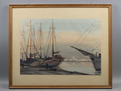 Н\х. Причал. 1950-1960-е гг. Бумага, акварель. Размер изображения 28х40,5 см. Размер по раме 