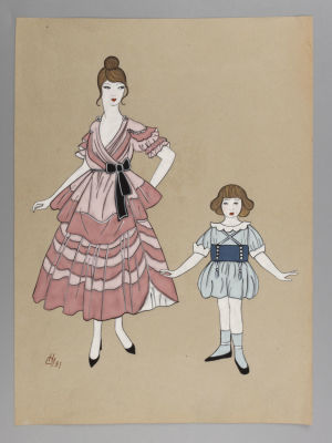 Ушин Н. Эскиз модели одежды. Розовое платье у мамы, голубой костюмчик у сына. 1931. Бумага 