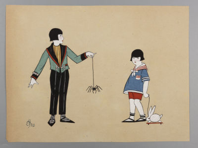 Ушин Н. Эскиз модели одежды. Два брата. 1933. Бумага, гуашь. Размер 17,5х23,5 см. Слева 