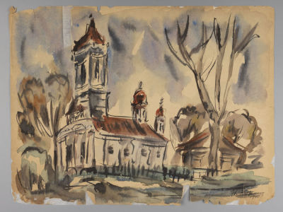 Кузьмин Н.(?) Церковь. 1940. Бумага, акварель. Размер 30х39 см. По подписи. Справа внизу 