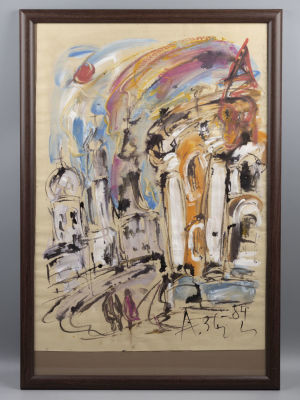 Н\х. Абстрактный пейзаж. 1984. Бумага, смешанная техника. Размер по раме 64х44 см. Внизу подпись 