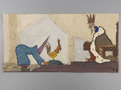 Н\х. Иллюстрация к Сказке А.С.Пушкина "Золотой петушок" 1936. Бумага, гуашь. Размер 20х39 см. Спр 