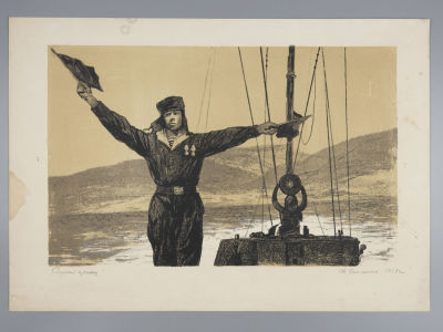 Усыпенко Ф. Слушай приказ. 1968. Литография. Размер изображения 31,5х50 см. Размер листа 42х60 