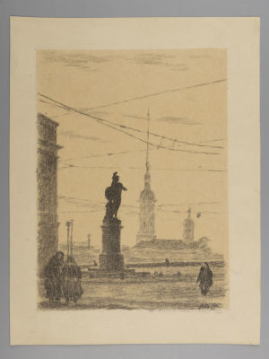 Астапов И. Памятник А.В.Суворову. 1945. Литография. Размер изображения 22х16,5 см. Размер листа 