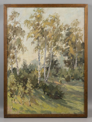 Н\х. Березы на поляне. 1950-е гг. Холст, масло. Размер 58,9х42,5 см. Есть потёртости красочного слоя.