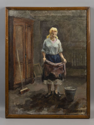 Смирнова. Женщина моет пол. 1950-е гг. Холст, масло. Размер 48х36,5 см. Справа внизу подпись 