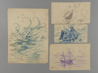 Карпов А. Шхуны, корабли, лодки. 4 рисунка. 1930-е гг. Бумага, тушь, карандаш. Размер 