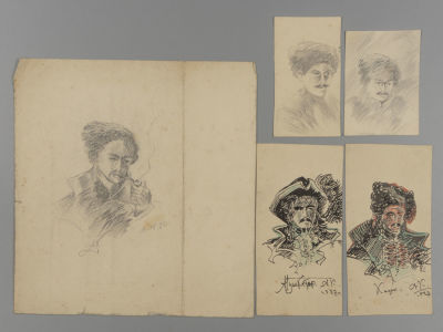 Карпов А. Мушкетер, казак, военные портреты. 5 рисунков. 1927. Бумага, тушь, карандаш. Размеры 