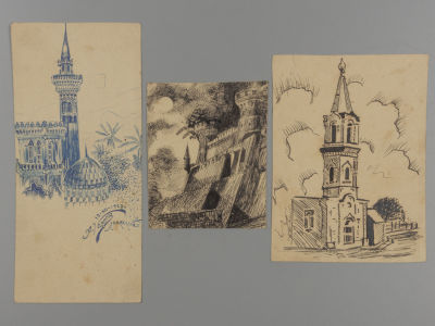 Карпов А. Зарисовки архитектуры. 3 рисунков. 1927. Бумага, тушь. Размеры 15,5х7 см; 11,5х8,5 
