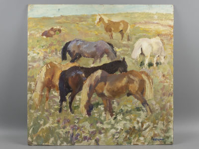 Обозненко Д. Табун. 1980. Картон, масло. Размер 46х47,5 см. Справа внизу подпись автора. Края 