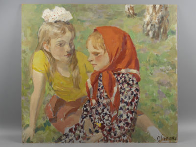 Обозненко Д. Деревенские девочки. 1990. Картон, масло. Размер 50х56 см. Справа внизу подпись 
