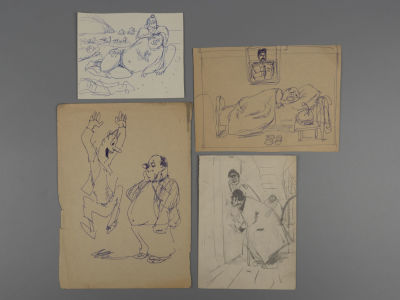Обозненко Д. 4 наброска на тему "Жизненные ситуации". Бумага, смешанная техника. Размер каждого 