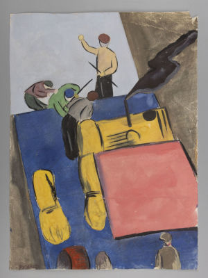 Русаков А. (?) по подписи. Дорожные работы. Бумага, гуашь. Размер 33,5х24,5 см. Слева внизу 