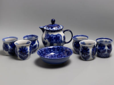 [Авторский фарфор] Набор для завтрака "Утро в деревне" 8 пр.: чайник, сухарница, 6 чашек. 