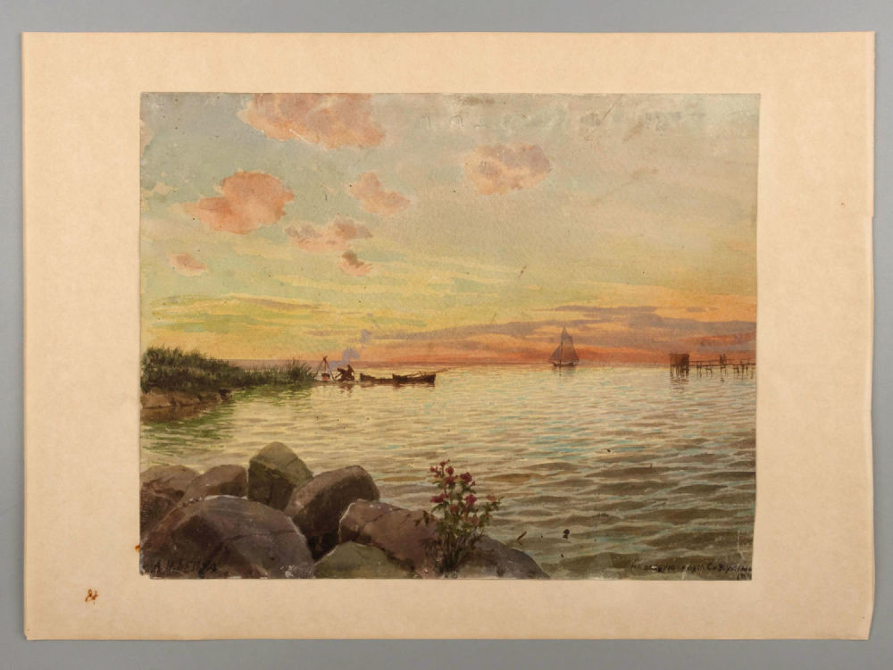 Бенуа А. Н. Вечер. Морской пейзаж с рыбаками. 1920-е гг. Акварель, бумага. Размер 23х29 см. 