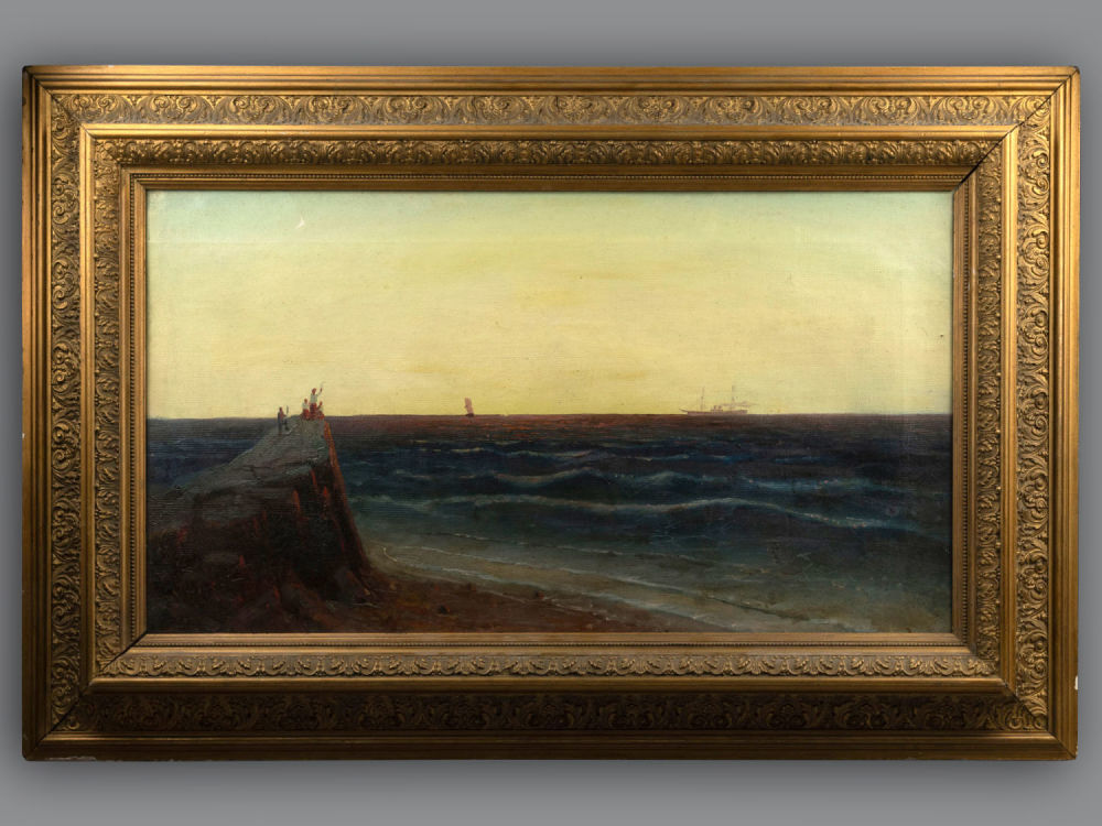 Н/х. Проводы корабля (морской пейзаж на закате). Начало XX в. Холст, масло. Размер 72х40 см. Хор 