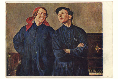 Синеблузники. Худ В. П. Перельман. Живопись. Цветная довоенная открытка. 3459 Издательство АХР 